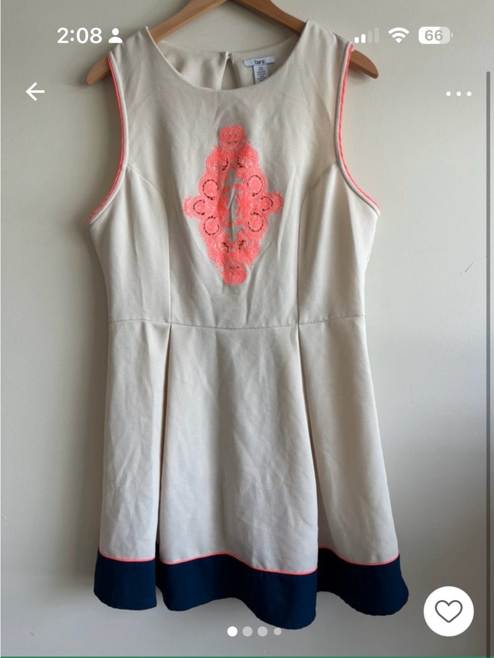 Bar III Cream Mini Dress with Neon Pink Embroidery and Navy Hem